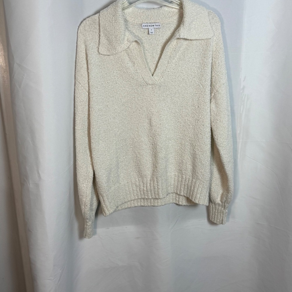 And Now This Womens Cream White Polo Collar V-Neck Boucle Knit Sweater Size M